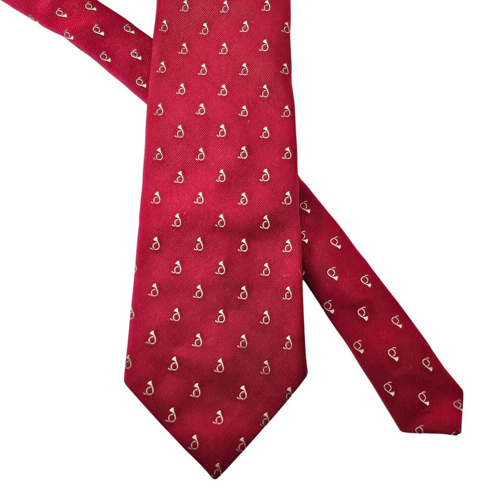 Mens Red Silk Necktie White French Horn Micro Pattern Classic Tie 58” 3.75”